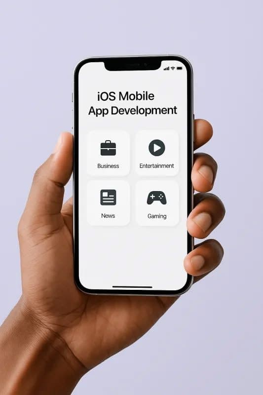 A hand holding a phone showing an app home screen of category tiles